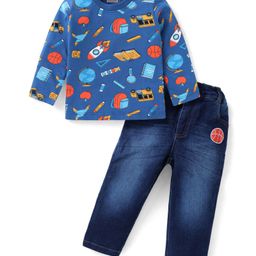 Babyhug Cotton Knit Full Sleeves T-Shirt & Denim Jeans Set With Back To School Theme Print - Blue-image-75