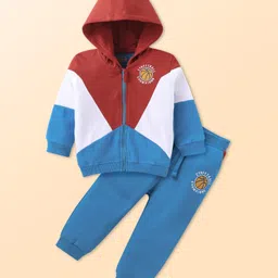Babyhug Terry Knit Full Sleeves Hooded Sweatjacket & Lounge Pant With Cut & Sew Design & Text Embroidery - Blue-picture-4
