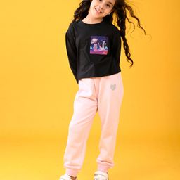 Anthrilo Full Sleeves Space Theme Printed Tee With Fleece Heart Patch Detailed Joggers Set - Black & Pink-image-61