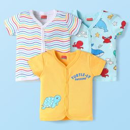 Babyhug Interlock Knit Half Sleeves Front Open Vests With Striped & Fish Print Pack Of 3 - Yellow White & Light Blue-image-79