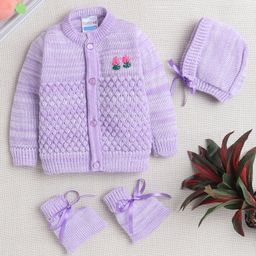 BUMZEE Full Sleeves Floral Embroidered Sweater With Cap & Socks Set - Lavender-image-31