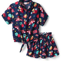 Babyhug Woven Half Sleeves Tops & Skirt Co-Ord with Fun Fair Text Print - Navy Blue-image-31
