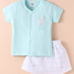 Zero Interlock Knit Half Sleeves Shorts Night Suit with Bear Print & Checks - Aqua Blue & White-picture-46