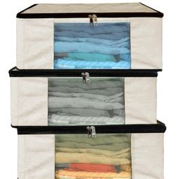 Storite 3 Pack Cotton Canvas Clothes Storage Bags/Saree Covers with Zip for Storage Specially Design for Woman Dresses, Sarees, Lehengas for Wardrobe Organizer (42.2cm x 36cm x 20cm)-image-0