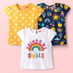 Babyhug 100% Cotton Knit Half Sleeves T-Shirts with Rainbow & Polka Dots Print Pack of 3 - Yellow Navy Blue & White-image-75