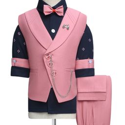 Rikidoos Full Sleeves Textured & Abstract Printed 3 Piece Party Suit With Bow Set - Onion Pink & Navy Blue-image-31