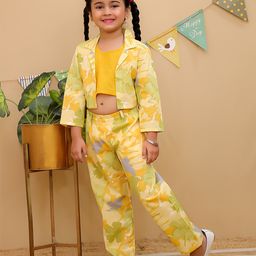 AJ Dezines Cotton Woven Three Fourth Sleeves Solid Top With Floral Printed Pant & Jacket Set - Yellow-image-35