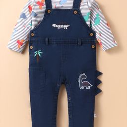 WOW Clothes Knitted Full Sleeves Dungarees & T-shirt with Dino Embroidery- Navy Blue-image-9