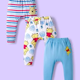 Babyhug Disney Interlock Knit Full Length Diaper Leggings with Winnie the Pooh Graphics & Stripes Pack of 3 - White & Light Blue-picture-4
