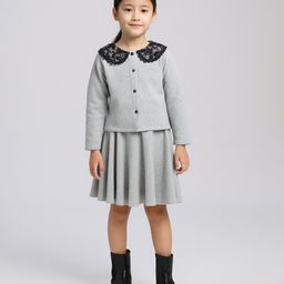Aww Hunnie Fleece Knit Full Sleeves Floral Embroidered Peter Pan Collar Shirt Style Top & Skirt Set - Grey-picture-9