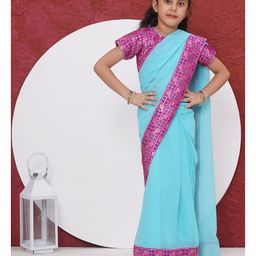 Little Bansi Georgette Woven Birds Foil Printed Wrap Around Saree With Half Sleeves Ready Made Blouse - Blue-picture-41