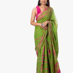 TROPWEAR Green & Pink Tie and Dye Pure Cotton Block Print Saree-image-49
