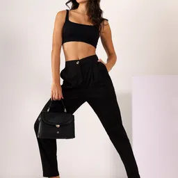MABISH by Sonal Jain Women Black Tapered Fit Pleated Stretchable Cotton Lycra Trouser-image-76