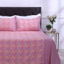 SHAHENAZ Pink & Blue Floral 120 TC Queen Bedsheet with 2 Pillow Covers-image-78