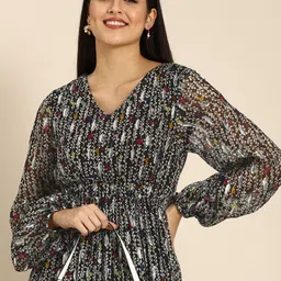 DODO & MOA Black & White Ethnic Print Georgette A-Line Dress-picture-6
