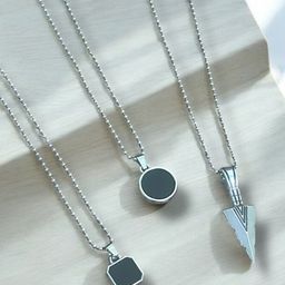 Nitant Set of 3 Men Silver-Plated Square & Circular Pendants with Chains image 4
