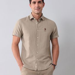 U.S. Polo Assn. Denim Co. Men Classic Fit Spread Collar Solid Linen Casual Shirt-picture-56