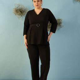KIBO CURVE Plus Size V Neck Peplum Top & Trousers-image-0