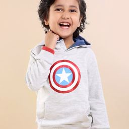 Babyhug Full Sleeves Cotton Hooded Sweatshirt Captain America Print- White Melange-image-84