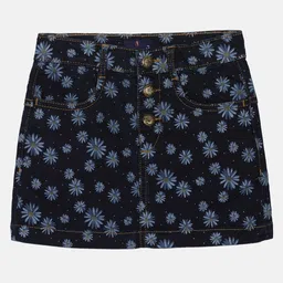 Kiddopanti Daisy Flower Printed Button Down Denim Skirt - Dark Blue-picture-7