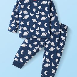 Babyhug Single Jersey Full Sleeves Night Suit Stars Print - Navy Blue-image-47