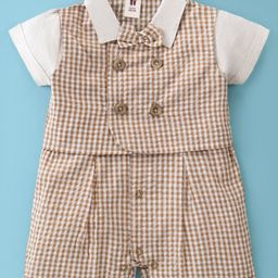 ToffyHouse Cotton Half Sleeves Checkered Romper with Bow Tie - Light Taupe-image-37