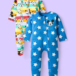 Babyhug Disney Interlock Knit Full Sleeves Footed Sleep Suits With Mickey Mouse Graphics Pack of 2 - Yellow & Blue-image-101