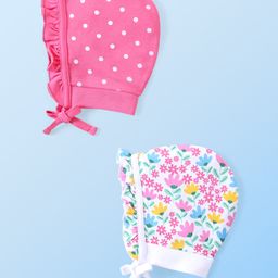 Babyhug 100% Cotton Interlock Knit Cap With Polka Dots & Floral Print Pack of 2 - Pink & White-image-21