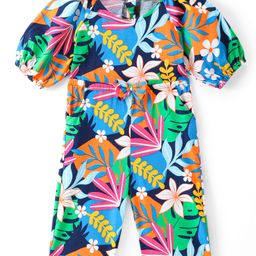 Babyhug Single Jersey Knit Half Sleeves Jumpsuit with Floral Print & Bow Applique - Navy Blue-image-39