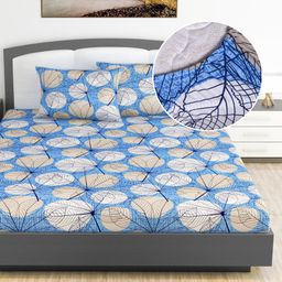 Divine Casa 144 TC 100% Cotton Floral Blue Cotton Lightweight King Size Bedsheet With Elastic Fitted-4