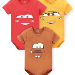 Babyhug Disney Interlock Knit Half Sleeve Onesies with Car Graphics Pack of 3- Red Yellow & Brown-image-35