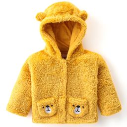 Babyhug Woven Full Sleeves Hooded Winter Jacket with Ears Applique & Animal Patch Detailing - Mustard-image-93