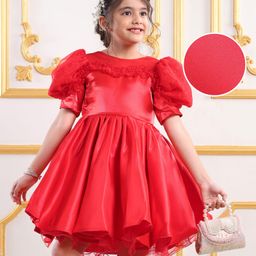 Mark & Mia Half Puffed Sleeves Solid Colour Party Frock with Pearl Detailing - Red-image-19