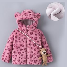 Kookie Kids Full Sleeves Hooded Winter Fur Jacket with Cheetah Print Design & Teddy Bear Applique - Pink-image-53