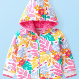 Babyhug Cotton Knit Full Sleeves Floral Printed Hooded Sweatjacket with Zipper - Pink & White-image-62