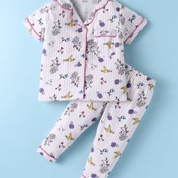 CUCUMBER Sinker Knit Half Sleeves Front Open Co-ords Night Suit with Floral Print - White-image-77
