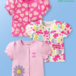 Babyoye 100% Cotton Knit Half Sleeves Eco Jiva Finish Jhablas With Heart & Floral Print Pack Of 3 - Pink & White-image-88