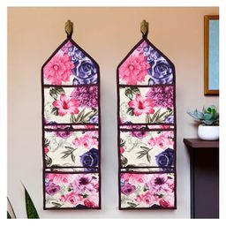 Kuber Industries Pack of 2 Wall Hanging Organizer | Waterproof 3 Multi-Purpose Pocket | Quilted Fabric Stationary-Magazine Organizer | Foldable Document Holder | Pink Flower | Cream-image-69