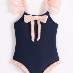 Babyhug Frill Sleeves V Cut Swimsuit With Bow Applique - Navy Blue-image-46