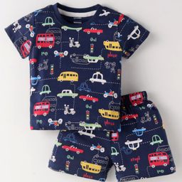 CUCUMBER Cotton Knit Half Sleeves Vehicles Printed Shorts Night Suit - Navy Blue-picture-22