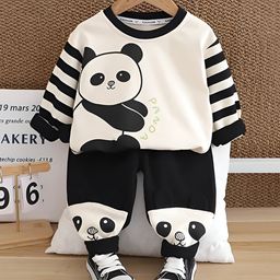 Googo Gaaga Cotton Full Sleeves Panda Printed & Striped Coordinating Sweatshirt Joggers Set - White-image-55