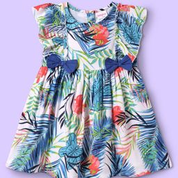 Babyhug Cotton Woven Frill Sleeves Frock With Leaf Print & Bow Applique - White-image-99