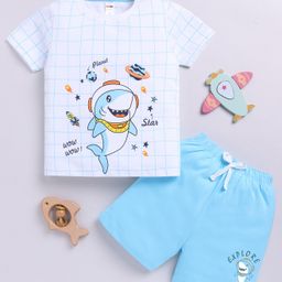 Little Ninja Cotton Half Sleeves Space Theme Printed Tee & Coordinating Shorts Set - White & Blue-image-49