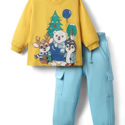 Babyhug Single Jersey Knit Full Sleeves T-Shirt & Lounge Pant Set With Animal Print - Yellow & Light Blue-image-34