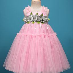 Enfance Sleeveless Pearls Embellished Floral Applique Detailed Knee Length Dress - Pink-image-96
