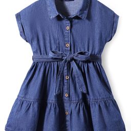 Pine Kids Cotton Woven Half Sleeves Solid Colour Tiered Frock With Belt - Blue-picture-48