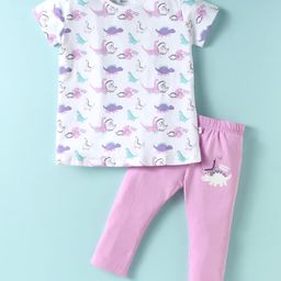 CUCUMBER Cotton Knit Half Sleeves Night Suit With Dino Print - White & Purple-image-23