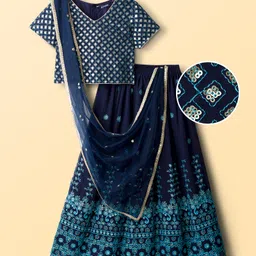 Pine Kids Woven Half Sleeves Choli Lehenga & Dupatta Set With Sequin Detailing - Blue-picture-17