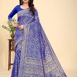 MORDEN MUSE Ethnic Motifs Woven Design Zari Banarasi Saree with Blouse Piece-picture-31