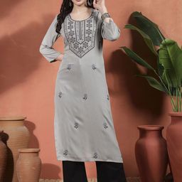 Sangria Floral Embroidered Round Neck Thread Work Straight Kurta-image-82